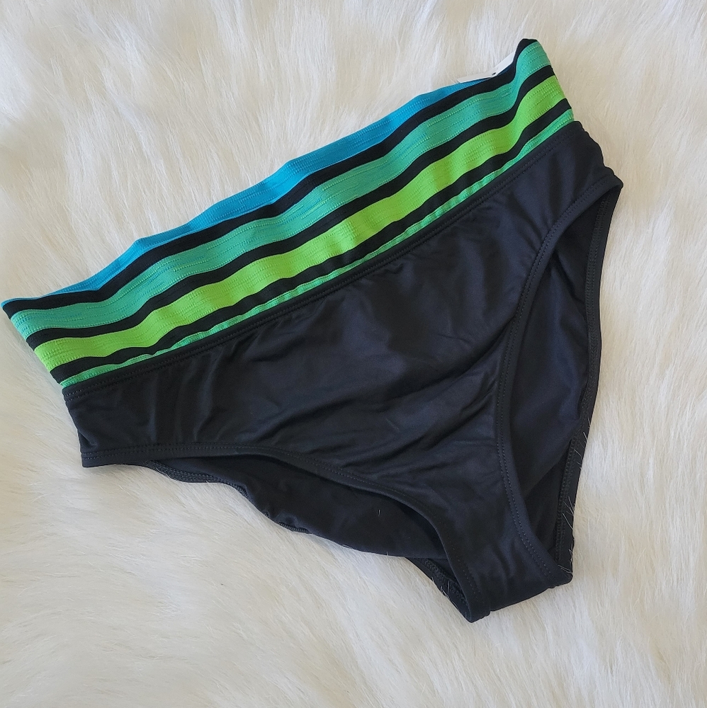 La Blanca Foldover Striped Waistband Bikini Bottom 8 NWT Black & Greens/Blues